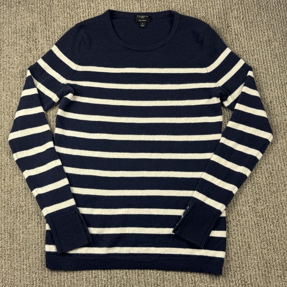Talbots Womens P XS Petite Cashmere Sweater Pullover Blue White Stripe Nautical